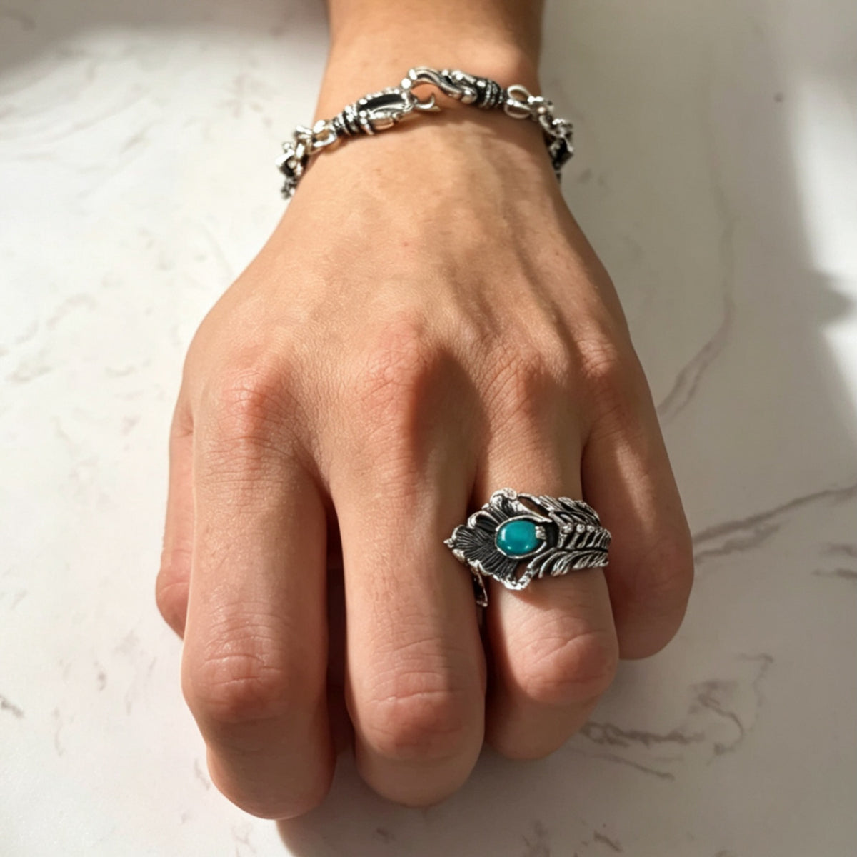 Bone &amp; Feather Turquoise Ring 手工羽毛骨骼綠松石戒指