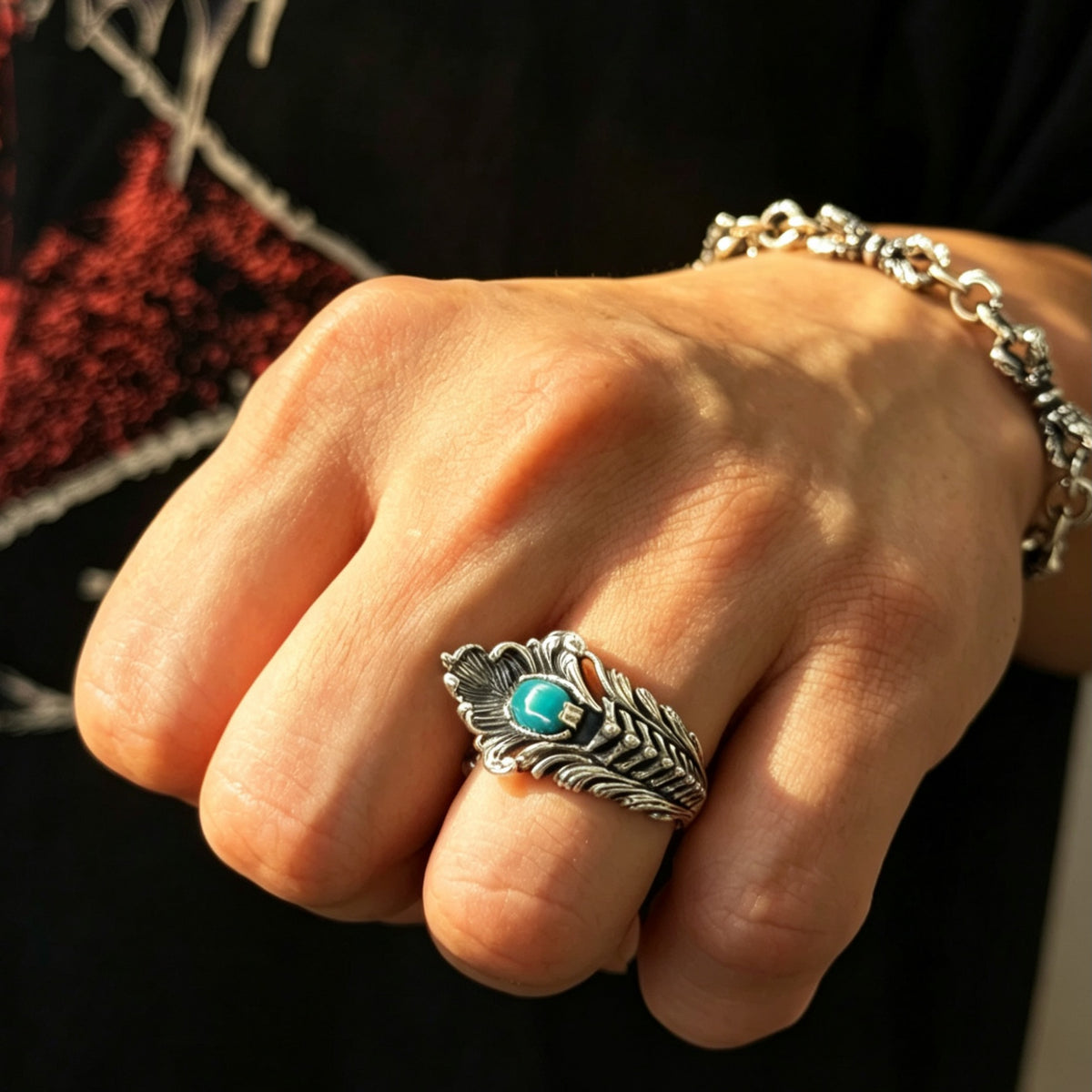 Bone &amp; Feather Turquoise Ring 手工羽毛骨骼綠松石戒指